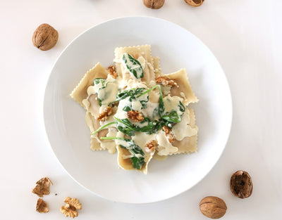 Ricotta and Spinach Ravioli with Blue Cheese, Baby Spinach and Walnuts